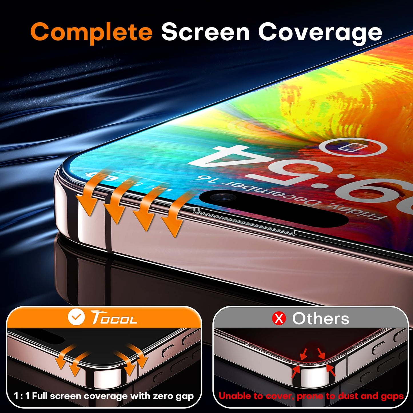 TOCOL 2 Pack Screen Protector for iPhone 17 Pro/iPhone 16 Pro 6.3-Inch, Instant Installation, Tempered Glass HD Clear, Military Grade Shatterproof, Case Friendly, Full Coverage Protection