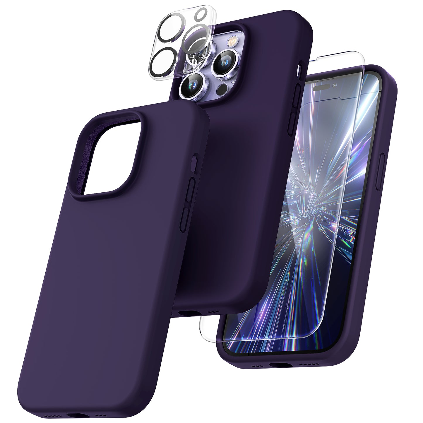 TOCOL [5 in 1] for iPhone 14 Pro Case, with 2 Pack Screen Protector + 2 Pack Camera Lens Protector, Liquid Silicone Slim Phone Case 6.1 Inch, [Anti-Scratch] [Drop Protection], Deep Purple