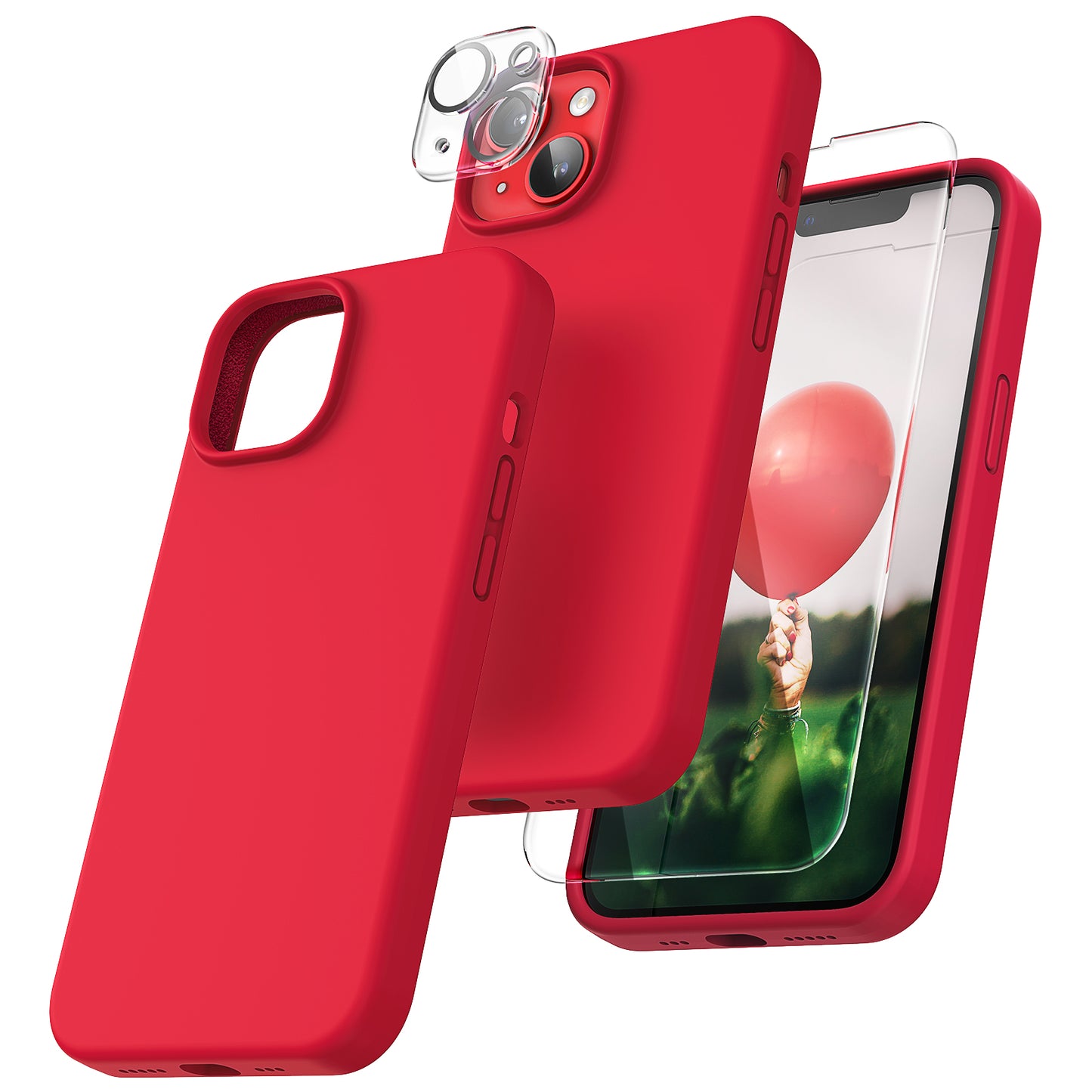 TOCOL [5 in 1] for iPhone 14 Plus Case, 2X Screen Protector + 2X Camera Lens Protector, Slim Liquid Silicone Phone Case iPhone 14 Plus 6.7 Inch, [Anti-Scratch] [Drop Protection], Red