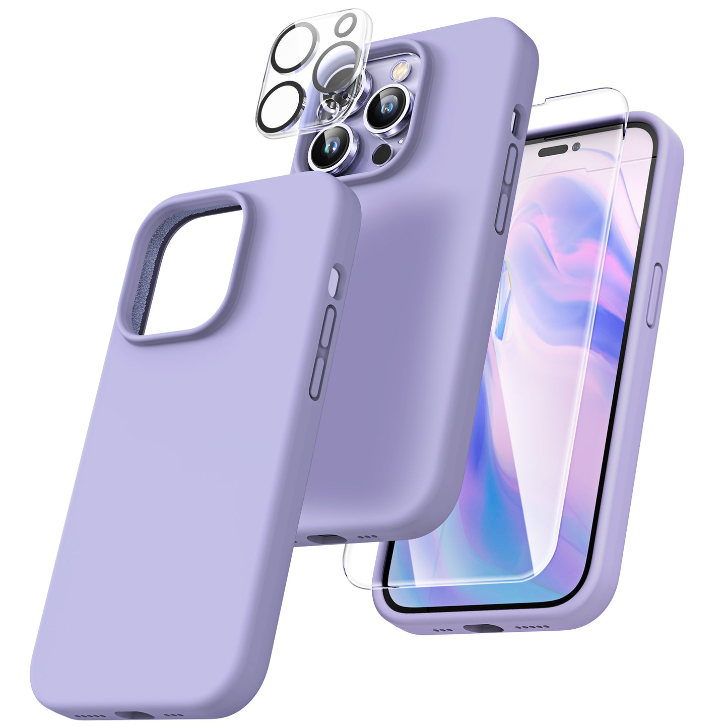 TOCOL [5 in 1] for iPhone 14 Pro Case, 2 Pack Screen Protector + 2 Pack Camera Lens Protector, Slim Liquid Silicone Phone Case iPhone 14 Pro 6.1 Inch, [Anti-Scratch] [Drop Protection], Lilac Purple