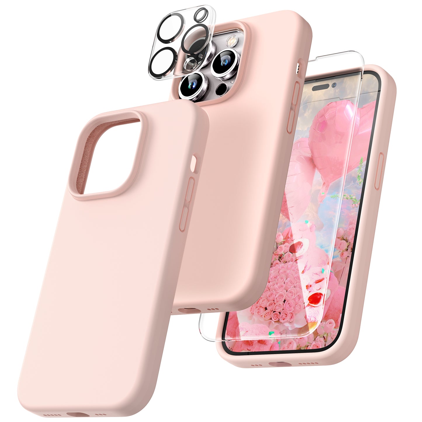 TOCOL [5 in 1] for iPhone 14 Pro Case, 2 Pack Screen Protector + 2 Pack Camera Lens Protector, Slim Liquid Silicone Phone Case iPhone 14 Pro 6.1 Inch, [Anti-Scratch] [Drop Protection], Chalk Pink