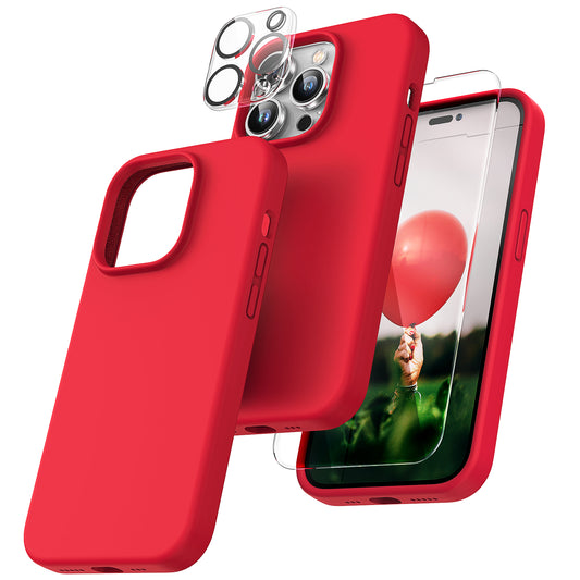 TOCOL [5 in 1] for iPhone 14 Pro Case, 2 Pack Screen Protector + 2 Pack Camera Lens Protector, Slim Liquid Silicone Phone Case iPhone 14 Pro 6.1 Inch, [Anti-Scratch] [Drop Protection], Red