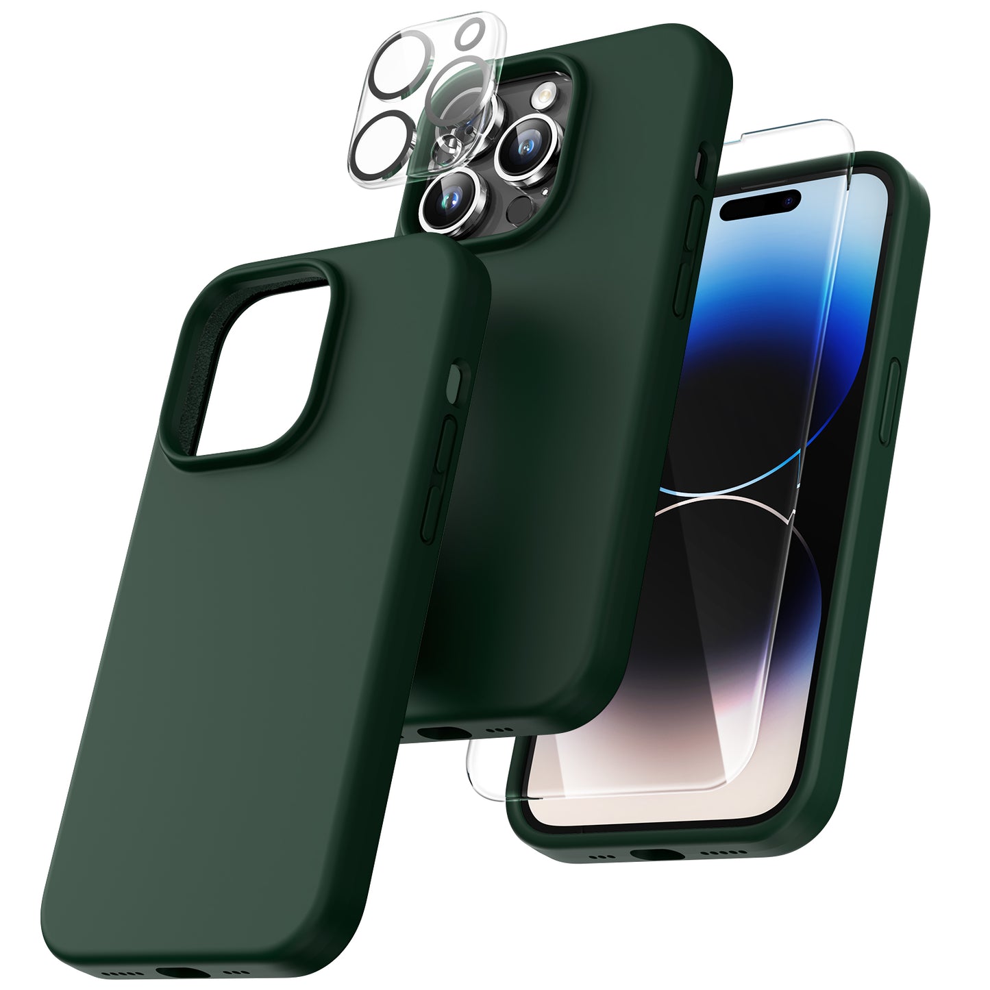 TOCOL [5 in 1] for iPhone 14 Pro Max Case, 2 Screen Protector + 2 Camera Lens Protector, Slim Liquid Silicone Phone Case iPhone 14 Pro Max 6.7 Inch, [Anti-Scratch] [Drop Protection], Alpine Green