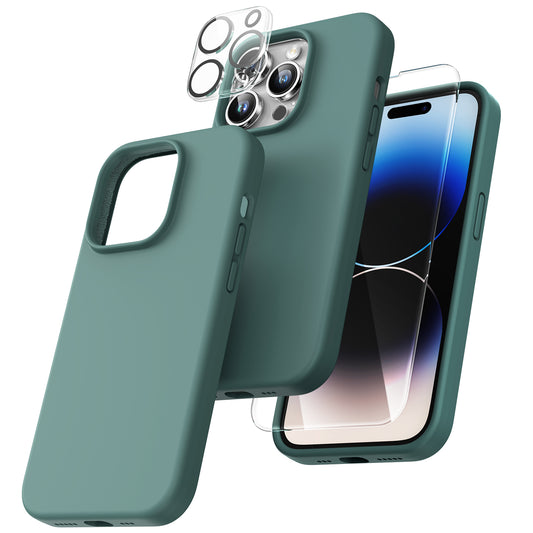 TOCOL [5 in 1] for iPhone 14 Pro Case, 2 Pack Screen Protector + 2 Pack Camera Lens Protector, Slim Liquid Silicone Phone Case iPhone 14 Pro 6.1 Inch, [Anti-Scratch] [Drop Protection], Midnight Green