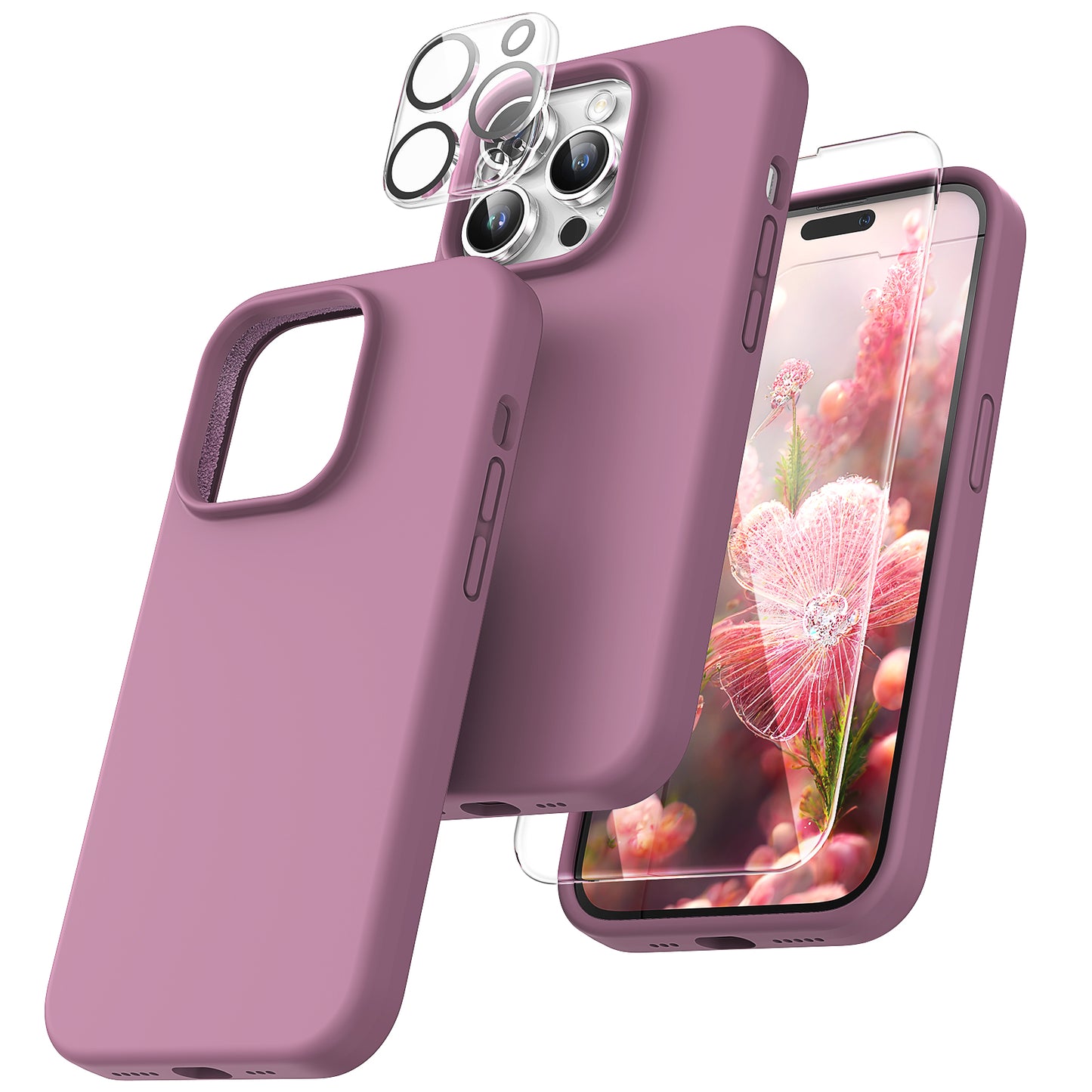 TOCOL [5 in 1] for iPhone 14 Pro Max Case, 2 Screen Protector + 2 Camera Lens Protector, Slim Liquid Silicone Phone Case iPhone 14 Pro Max 6.7 Inch, [Anti-Scratch] [Drop Protection], Lilac Purple