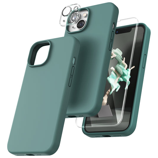 TOCOL [5 in 1] for iPhone 14 Plus Case, 2X Screen Protector + 2X Camera Lens Protector, Slim Liquid Silicone Phone Case iPhone 14 Plus 6.7 Inch, [Anti-Scratch] [Drop Protection], Midnight Green