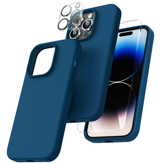 TOCOL [5 in 1] for iPhone 14 Pro Case, 2 Pack Screen Protector + 2 Pack Camera Lens Protector, Slim Liquid Silicone Phone Case iPhone 14 Pro 6.1 Inch, [Anti-Scratch] [Drop Protection], Storm Blue