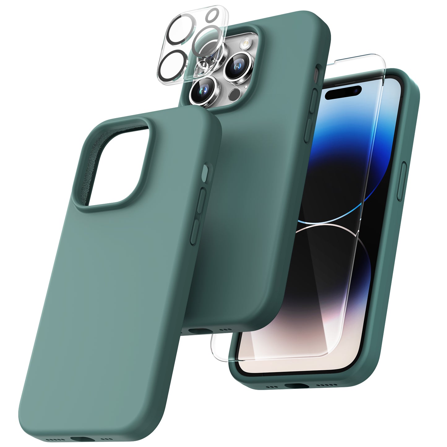 TOCOL [5 in 1] for iPhone 14 Pro Max Case, 2 Screen Protector + 2 Camera Lens Protector, Slim Liquid Silicone Phone Case iPhone 14 Pro Max 6.7 Inch, [Anti-Scratch] [Drop Protection], Midnight Green