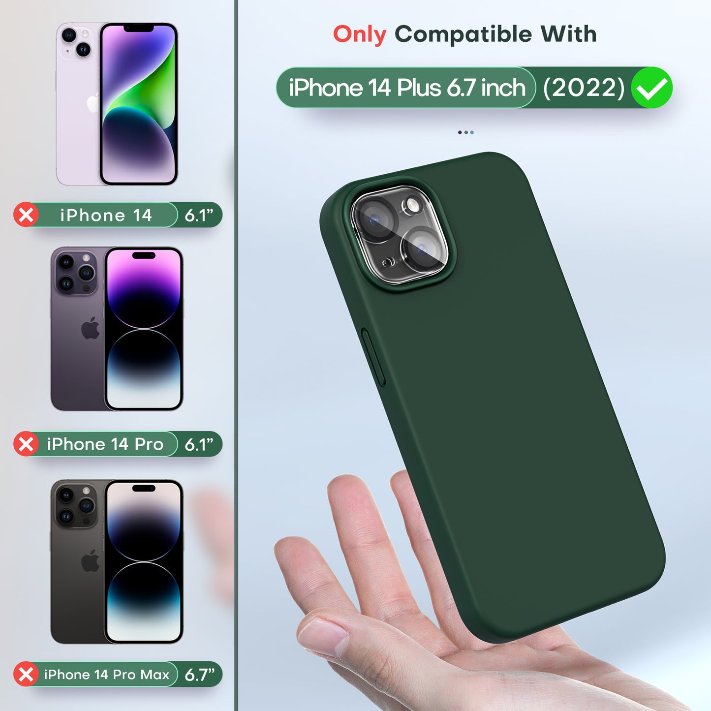 TOCOL [5 in 1] for iPhone 14 Plus Case, 2X Screen Protector + 2X Camera Lens Protector, Slim Liquid Silicone Phone Case iPhone 14 Plus 6.7 Inch, [Anti-Scratch] [Drop Protection], Alpine Green