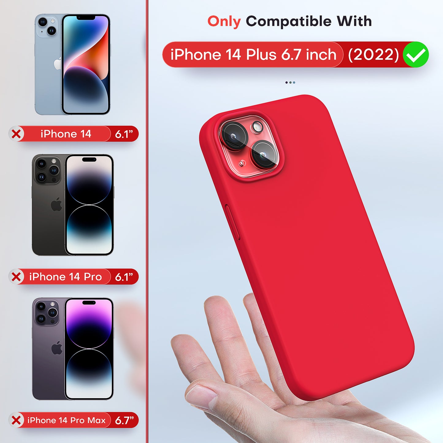 TOCOL [5 in 1] for iPhone 14 Plus Case, 2X Screen Protector + 2X Camera Lens Protector, Slim Liquid Silicone Phone Case iPhone 14 Plus 6.7 Inch, [Anti-Scratch] [Drop Protection], Red