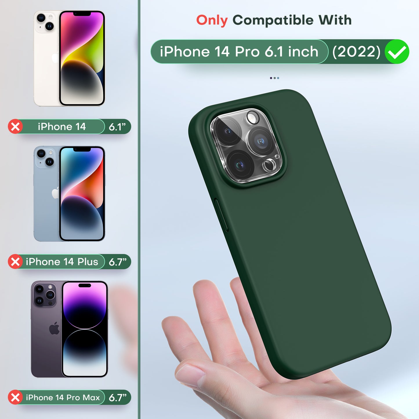 TOCOL [5 in 1] for iPhone 14 Pro Case, 2 Pack Screen Protector + 2 Pack Camera Lens Protector, Slim Liquid Silicone Phone Case iPhone 14 Pro 6.1 Inch, [Anti-Scratch] [Drop Protection], Alpine Green