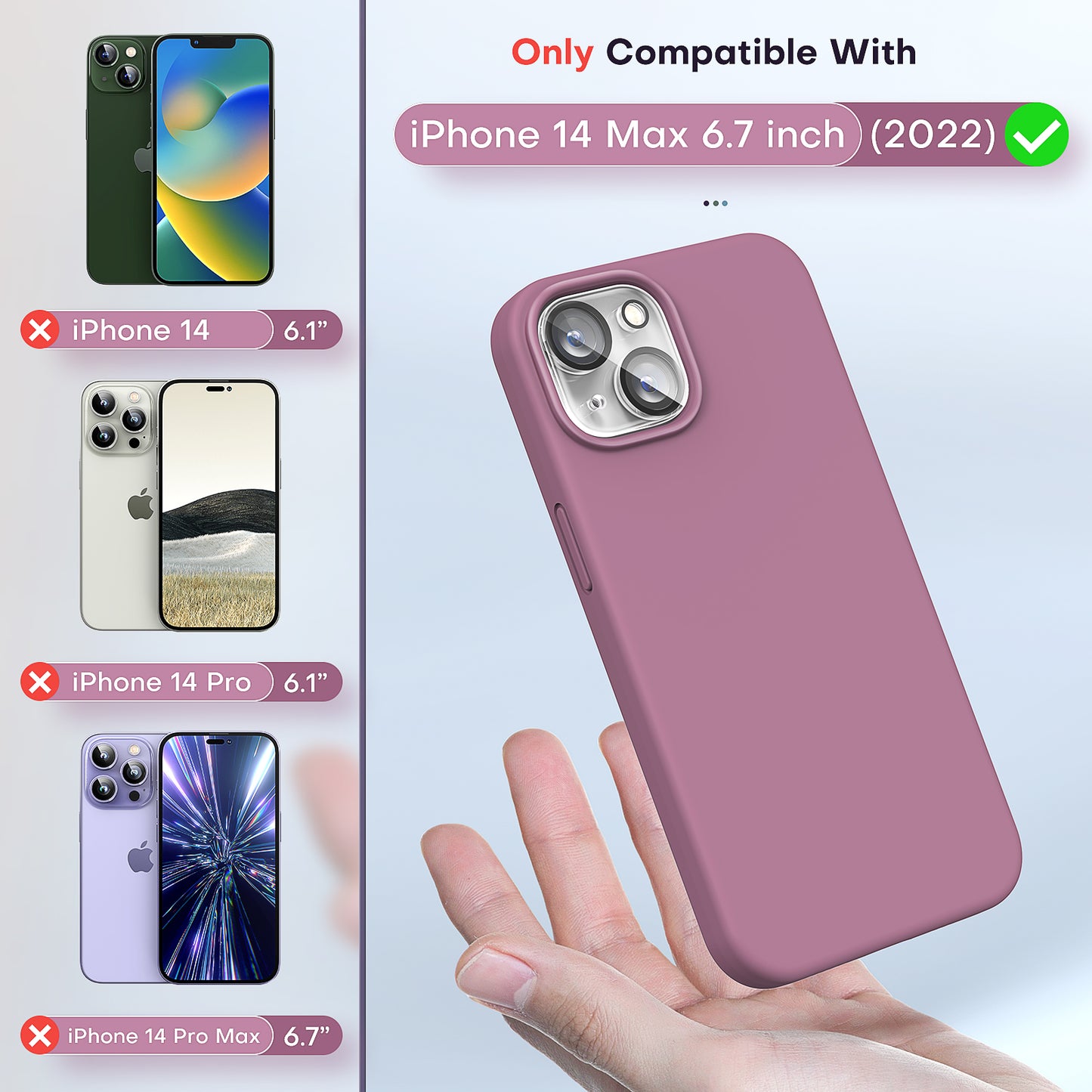 TOCOL [5 in 1] for iPhone 14 Plus Case, 2X Screen Protector + 2X Camera Lens Protector, Slim Liquid Silicone Phone Case iPhone 14 Plus 6.7 Inch, [Anti-Scratch] [Drop Protection], Lilac Purple
