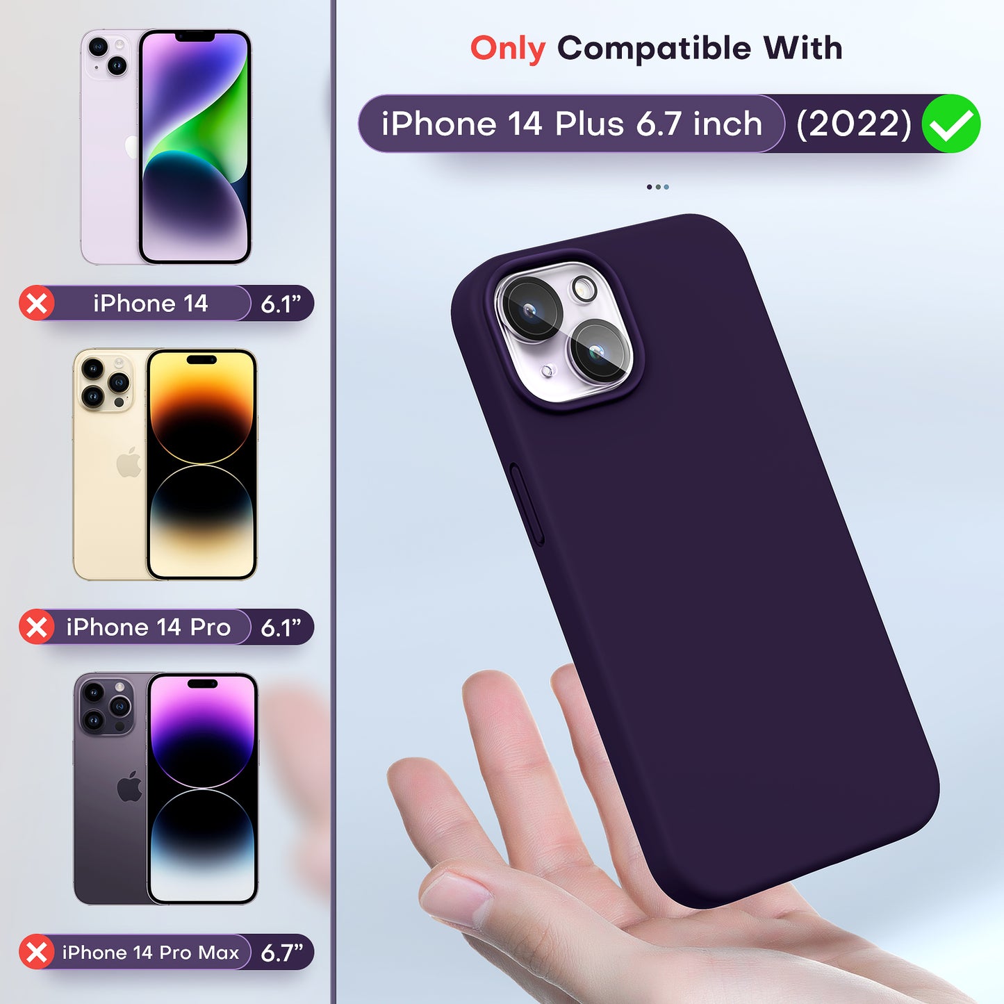 TOCOL [5 in 1] for iPhone 14 Plus Case, 2X Screen Protector + 2X Camera Lens Protector, Slim Liquid Silicone Phone Case iPhone 14 Plus 6.7 Inch, [Anti-Scratch] [Drop Protection], Deep Purple