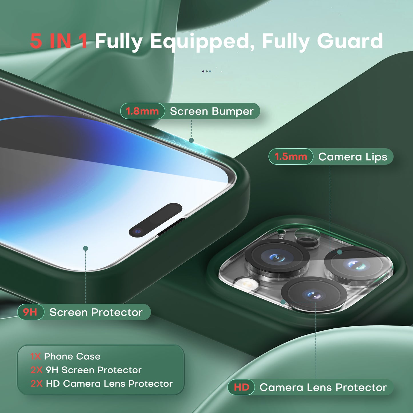 TOCOL [5 in 1] for iPhone 14 Pro Max Case, 2 Screen Protector + 2 Camera Lens Protector, Slim Liquid Silicone Phone Case iPhone 14 Pro Max 6.7 Inch, [Anti-Scratch] [Drop Protection], Alpine Green