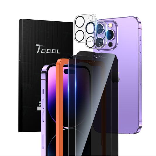 TOCOL [2+2] for iPhone 14 Pro Privacy Screen Protector 6.1''- 2 Pack Privacy Tempered Glass Screen Protector & 2 Pack Camera Lens Protector, Bubble Free, 10X Shockproof, Installation Frame, [Anti-Spy]