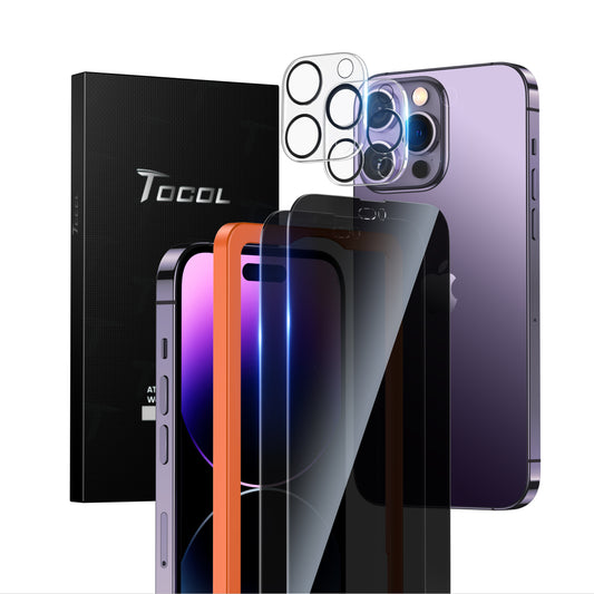 TOCOL [2+2] for iPhone 14 Pro Max Privacy Screen Protector 6.7''- 2X Privacy Tempered Glass Screen Protector & 2X Camera Lens Protector, Bubble Free, 10X Shockproof, Installation Frame, [Anti-Spy]