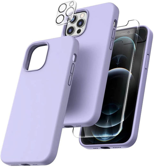 TOCOL [5 in 1] for iPhone 12 Pro Max Case, with 2 Pack Screen Protector + 2 Pack Camera Lens Protector, Liquid Silicone Slim Shockproof Phone Cover [Anti-Scratch] [Drop Protection], Purple