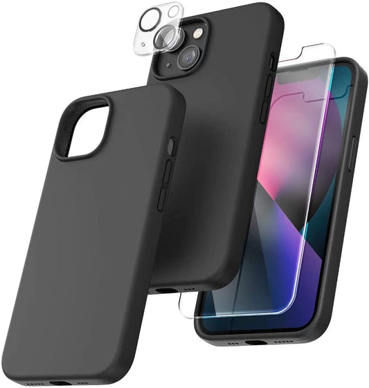 TOCOL [5 in 1] for iPhone 13 Case, with 2 Pack Screen Protector + 2 Pack Camera Lens Protector, Slim Liquid Silicone Phone Case iPhone 13 6.1 Inch, [Anti-Scratch] [Drop Protection], Black