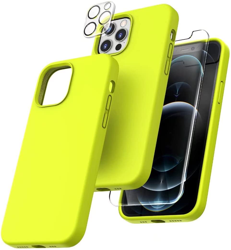 TOCOL [5 in 1] for iPhone 12 Pro Max Case, with 2 Pack Screen Protector + 2 Pack Camera Lens Protector, Silicone Slim Shockproof Cover [Anti-Scratch] [Drop Protection], Fluorescent Yellow