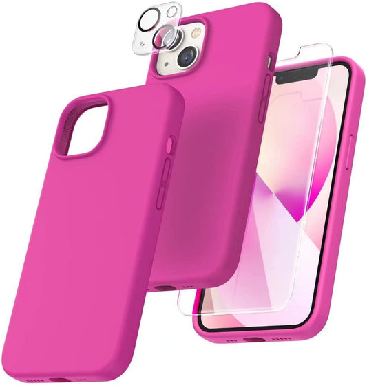 TOCOL [5 in 1] for iPhone 13 Case, with 2 Pack Screen Protector + 2 Pack Camera Lens Protector, Slim Liquid Silicone Phone Case iPhone 13 6.1 Inch, [Anti-Scratch] [Drop Protection],Hot Pink