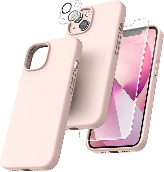 TOCOL [5 in 1] for iPhone 13 Case, with 2 Pack Screen Protector + 2 Pack Camera Lens Protector, Slim Liquid Silicone Phone Case iPhone 13 6.1 Inch, [Anti-Scratch] [Drop Protection],Pink