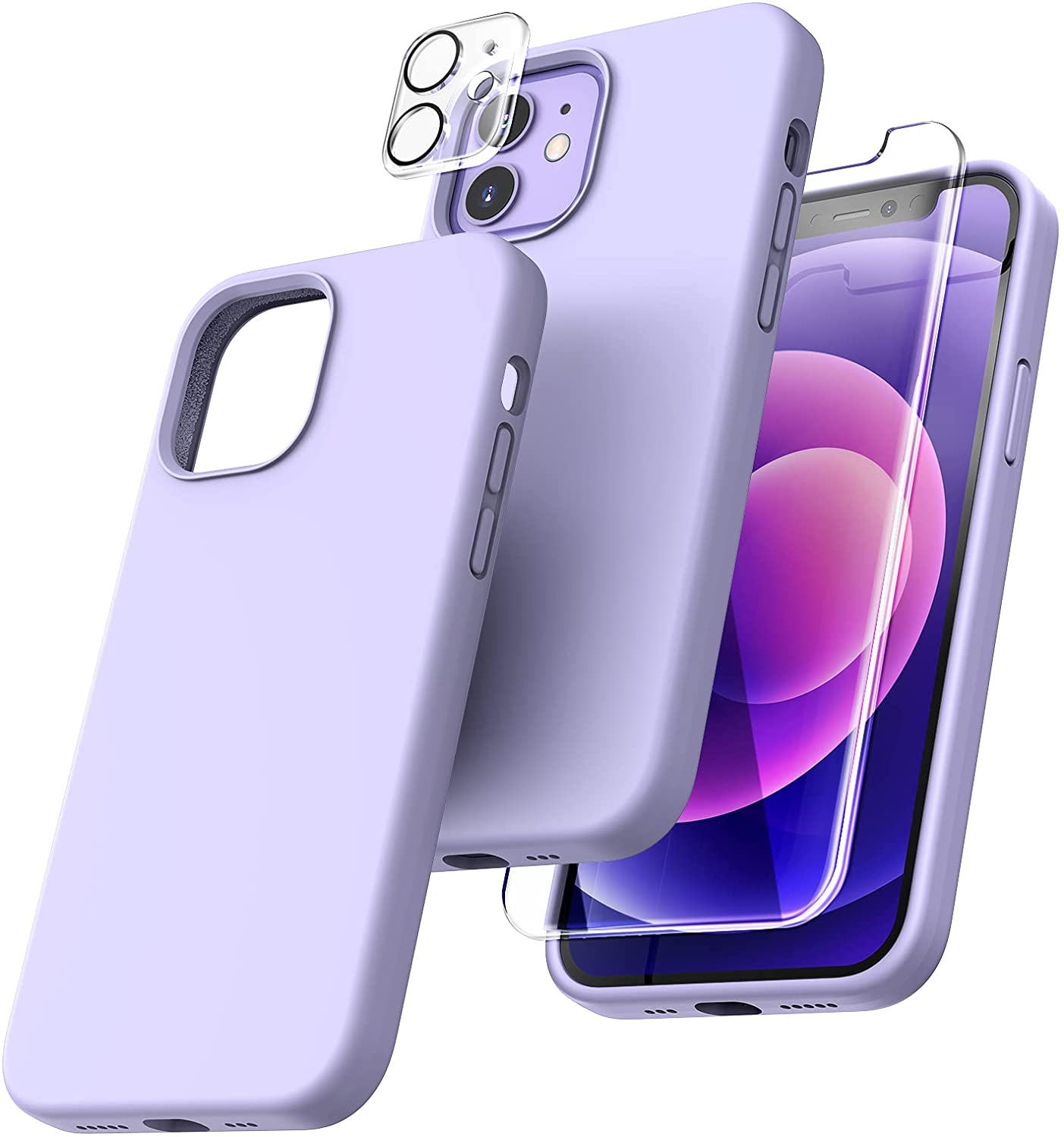 TOCOL [5 in 1] Phone Cases for iPhone 12/12 Pro, with 2 Pack Screen Protector + 2 Pack Camera Lens Protector, Silicone Shockproof Phone Case [Anti-Scratch] [Drop Protection], Purple