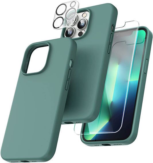 TOCOL [5 in 1] for iPhone 13 Pro Case, with 2 Pack Screen Protector + 2 Pack Camera Lens Protector, Slim Silicone Phone Case iPhone 13 Pro 6.1 Inch, [Anti-Scratch] [Drop Protection], Midnight Green