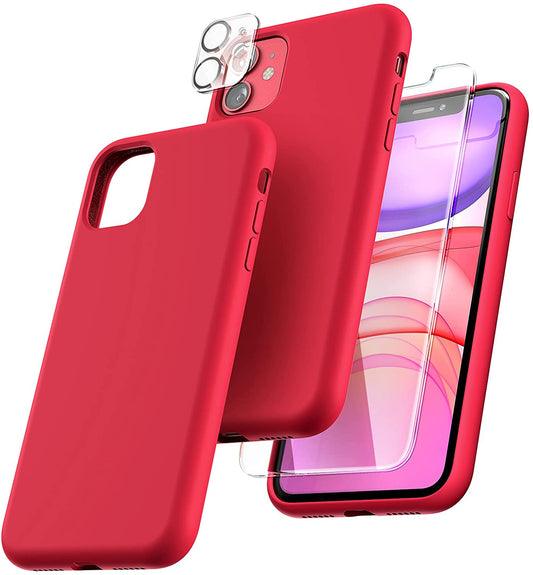 TOCOL [5 in 1] Designed for iPhone 11 Case, with 2 Pack Screen Protector + 2 Pack Camera Lens Protector, Liquid Silicone Slim Shockproof Cover [Anti-Scratch] [Drop Protection], Red