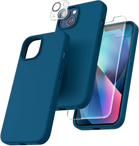 TOCOL [5 in 1] for iPhone 13 Case, with 2 Pack Screen Protector + 2 Pack Camera Lens Protector, Slim Liquid Silicone Phone Case iPhone 13 6.1 Inch, [Anti-Scratch] [Drop Protection],Midnight Blue