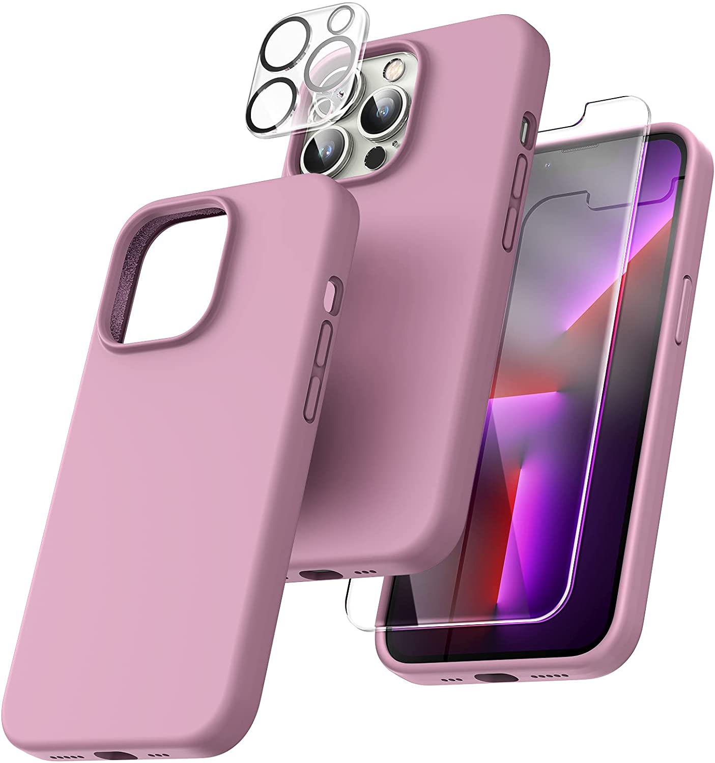 TOCOL [5 in 1] for iPhone 13 Pro Case, with 2 Pack Screen Protector + 2 Pack Camera Lens Protector, Slim Silicone Phone Case iPhone 13 Pro 6.1 Inch, [Anti-Scratch] [Drop Protection], Lilac Purple