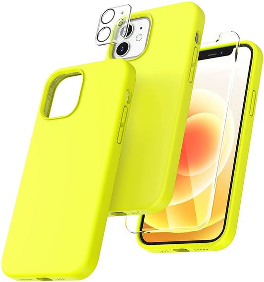 TOCOL [5 in 1] for iPhone 12 Case, iPhone 12 Pro Case, with 2 Pack Screen Protector + 2 Pack Camera Lens Protector, Silicone Shockproof Phone Case [Anti-Scratch] [Drop Protection], Fluorescent Yellow