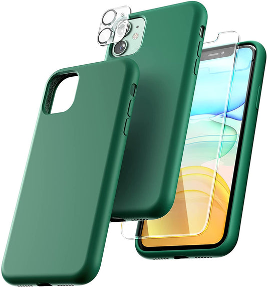 TOCOL [5 in 1] Designed for iPhone 11 Case, with 2 Pack Screen Protector + 2 Pack Camera Lens Protector, Liquid Silicone Slim Shockproof Cover [Anti-Scratch] [Drop Protection], Forest Green
