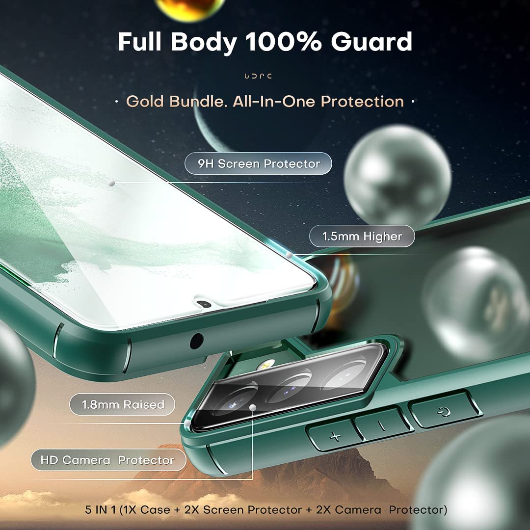 TOCOL [5 in 1 for Samsung Galaxy S22 Case 6.1 Inch, with 2 Pack Screen Protector + 2 Pack Camera Lens Protector, Translucent Matte Back [Military Grade Protection] Case for Galaxy S22 5G, Green