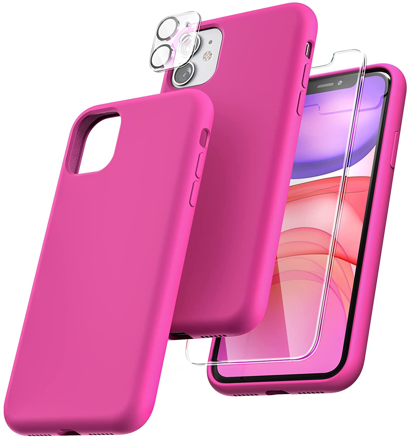 TOCOL [5 in 1] Designed for iPhone 11 Case, with 2 Pack Screen Protector + 2 Pack Camera Lens Protector, Liquid Silicone Slim Shockproof Cover [Anti-Scratch] [Drop Protection], Hot Pink
