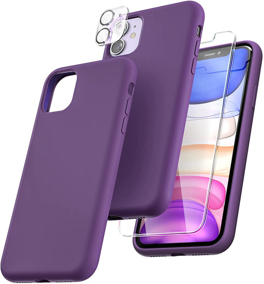 TOCOL [5 in 1] Designed for iPhone 11 Case, with 2 Pack Screen Protector + 2 Pack Camera Lens Protector, Liquid Silicone Slim Shockproof Cover [Anti-Scratch] [Drop Protection], Grape Purple