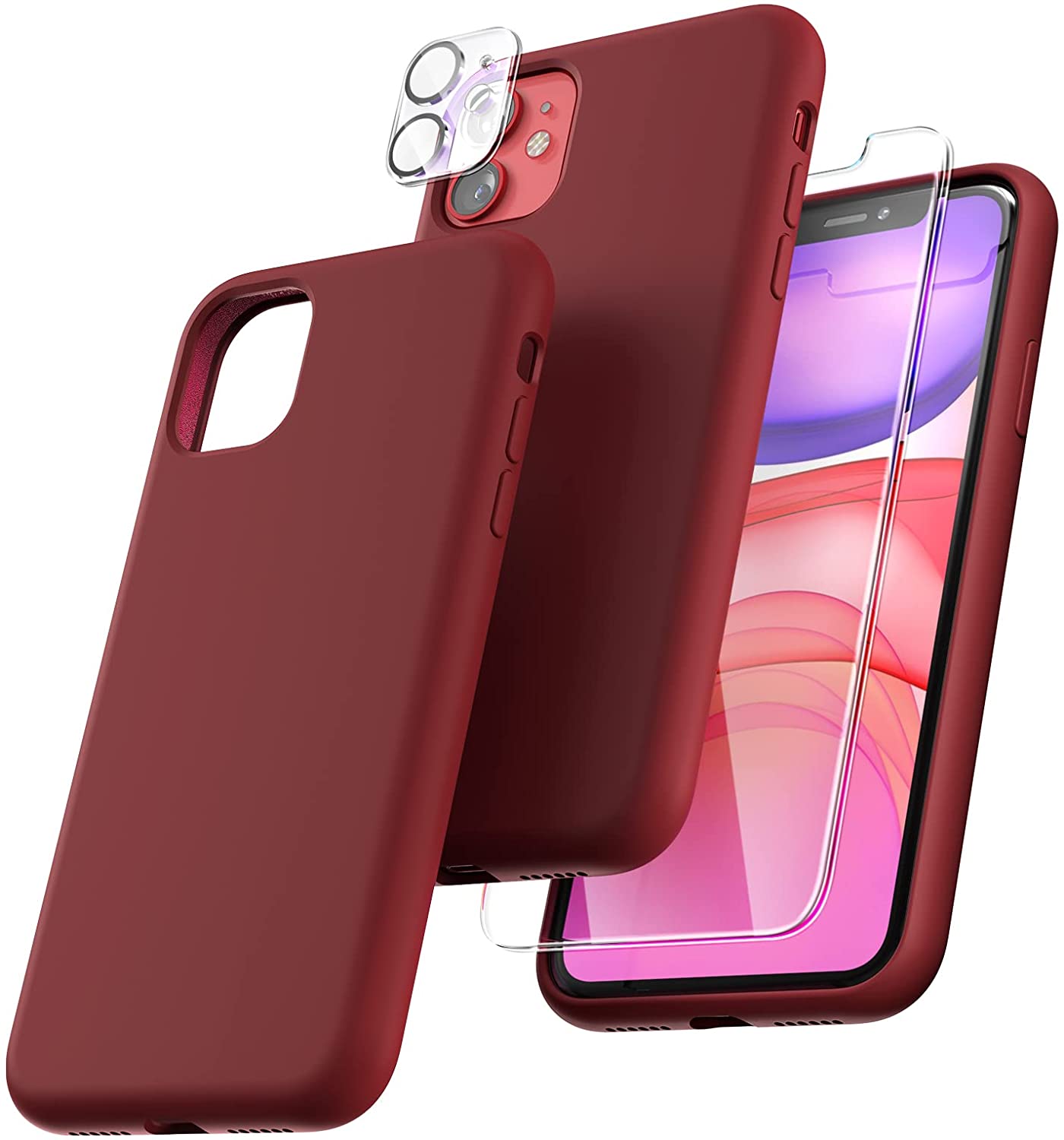 TOCOL [5 in 1 Designed for iPhone 11 Case, with 2 Pack Screen Protector + 2 Pack Camera Lens Protector, Liquid Silicone Slim Shockproof Cover [Anti-Scratch] [Drop Protection], Plum