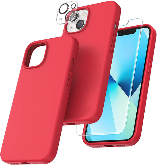 TOCOL [5 in 1] for iPhone 13 Case, with 2 Pack Screen Protector + 2 Pack Camera Lens Protector, Slim Liquid Silicone Phone Case iPhone 13 6.1 Inch, [Anti-Scratch] [Drop Protection],Red