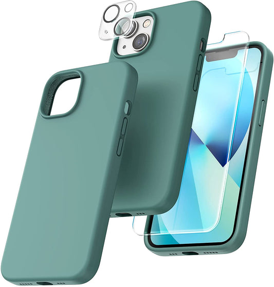 TOCOL [5 in 1] for iPhone 13 Case, with 2 Pack Screen Protector + 2 Pack Camera Lens Protector, Slim Liquid Silicone Phone Case iPhone 13 6.1 Inch, [Anti-Scratch] [Drop Protection],Midnight Green