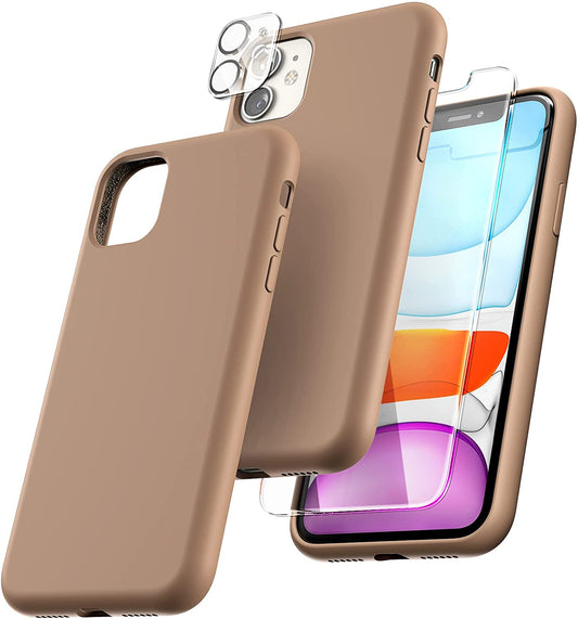 TOCOL [5 in 1] Designed for iPhone 11 Case, with 2 Pack Screen Protector + 2 Pack Camera Lens Protector, Liquid Silicone Slim Shockproof Cover [Anti-Scratch] [Drop Protection], Light Brown