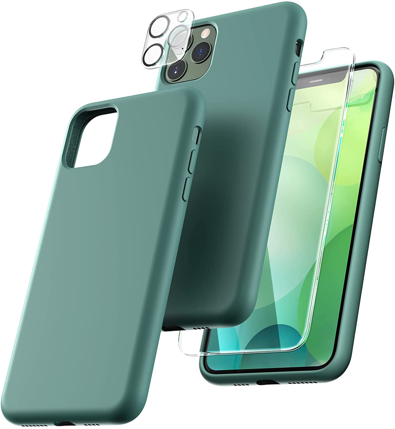 TOCOL [5 in 1] for iPhone 11 Pro Max Cases, with 2 Pack Screen Protector + 2 Pack Camera Lens Protector, Liquid Silicone Slim Shockproof Phone Case [Anti-Scratch] [Drop Protection]6.5'' Midnight Green