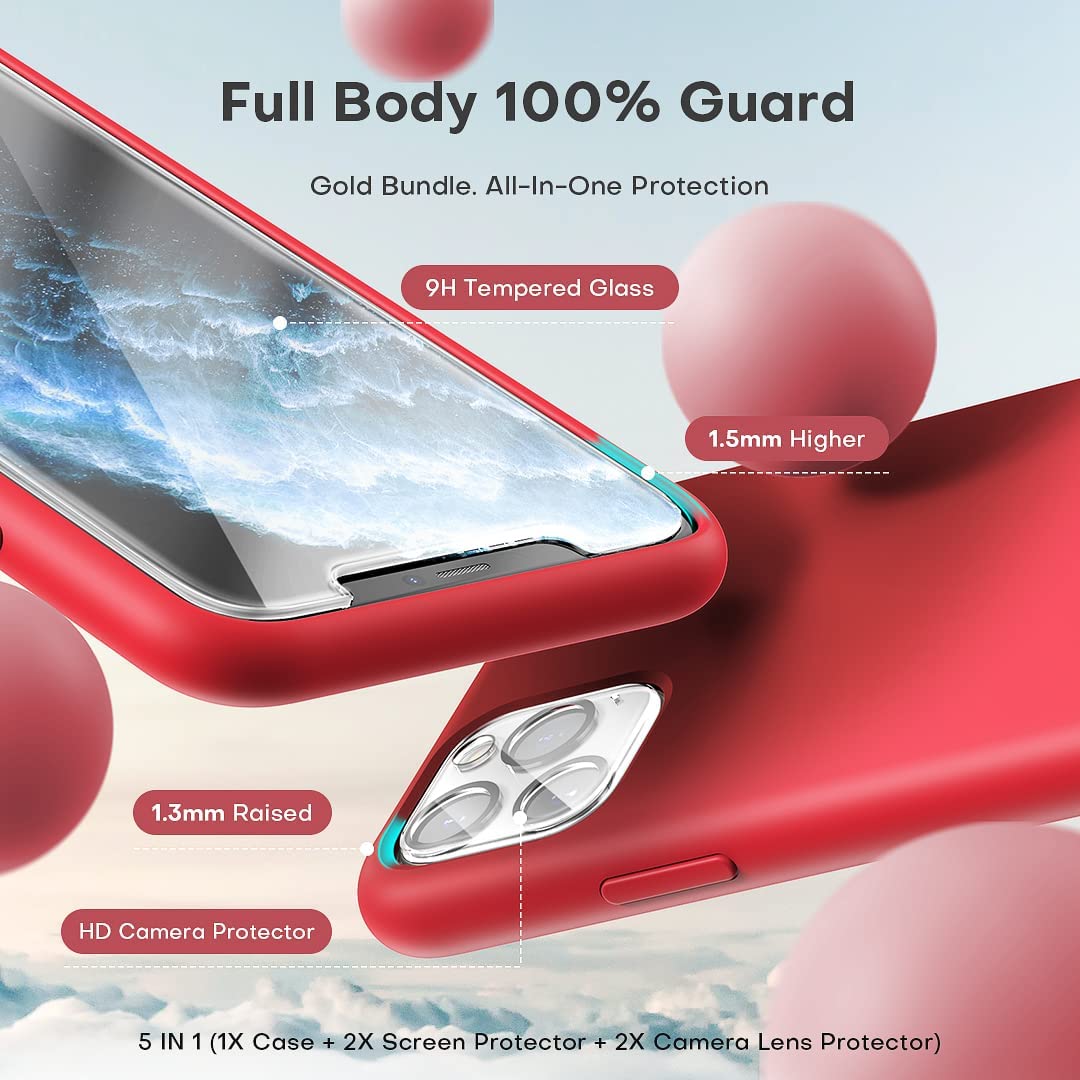 TOCOL [5 in 1] for iPhone 11 Pro Max Cases, with 2 Pack Screen Protector + 2 Pack Camera Lens Protector, Liquid Silicone Slim Shockproof Phone Case [Anti-Scratch] [Drop Protection] 6.5'', Red