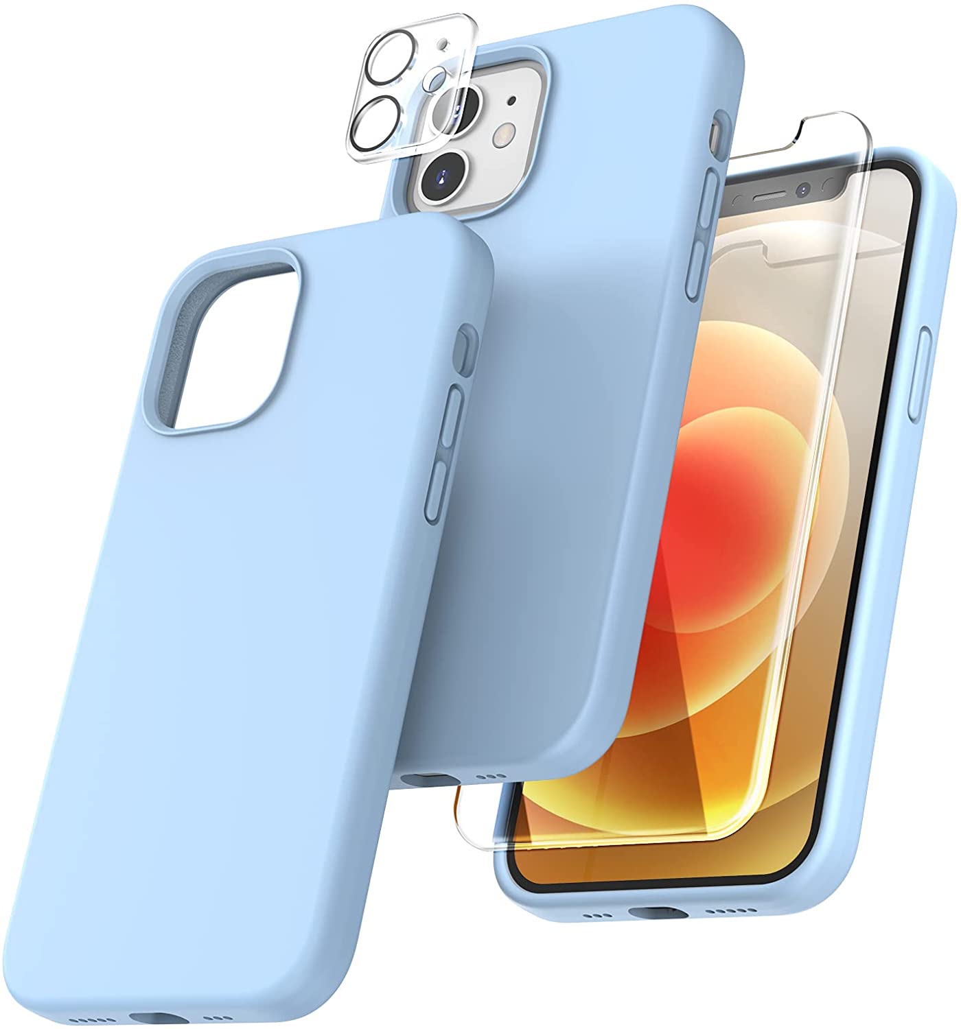 TOCOL [5 in 1] for iPhone 12 Case, for iPhone 12 Pro Case, with 2 Pack Screen Protector + 2 Pack Camera Lens Protector, Silicone Shockproof Phone Case [Anti-Scratch] [Drop Protection], Light Blue