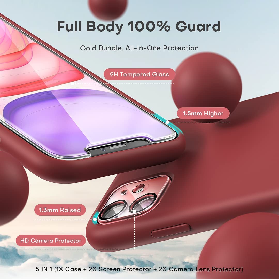 TOCOL [5 in 1 Designed for iPhone 11 Case, with 2 Pack Screen Protector + 2 Pack Camera Lens Protector, Liquid Silicone Slim Shockproof Cover [Anti-Scratch] [Drop Protection], Plum