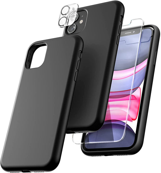 TOCOL [5 in 1] Designed for iPhone 11 Case, with 2 Pack Screen Protector + 2 Pack Camera Lens Protector, Liquid Silicone Slim Shockproof Cover [Anti-Scratch] [Drop Protection], Black