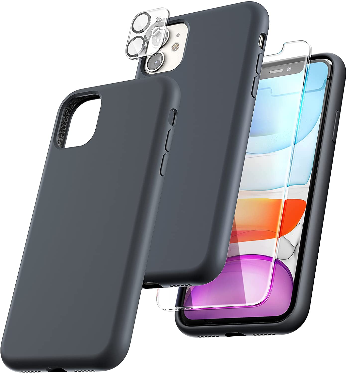 TOCOL [5 in 1] Designed for iPhone 11 Case, with 2 Pack Screen Protector + 2 Pack Camera Lens Protector, Liquid Silicone Slim Shockproof Cover [Anti-Scratch] [Drop Protection], Space Gray