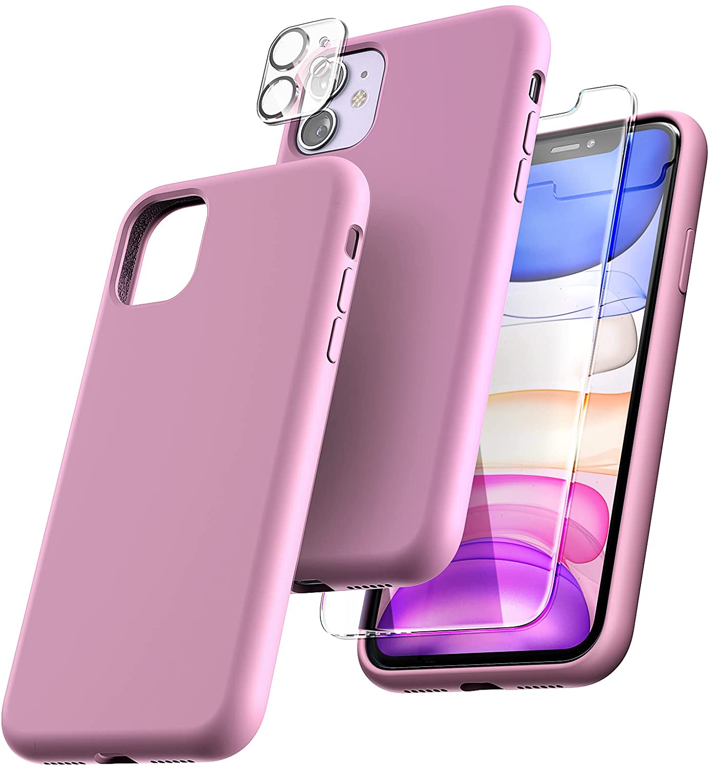 TOCOL [5 in 1] Designed for iPhone 11 Case, with 2 Pack Screen Protector + 2 Pack Camera Lens Protector, Liquid Silicone Slim Shockproof Cover [Anti-Scratch] [Drop Protection], Lilac Purple