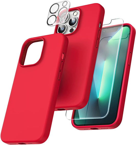 TOCOL [5 in 1] for iPhone 13 Pro Case, with 2 Pack Screen Protector + 2 Pack Camera Lens Protector, Slim Silicone Phone Case iPhone 13 Pro 6.1 Inch, [Anti-Scratch] [Drop Protection], Red