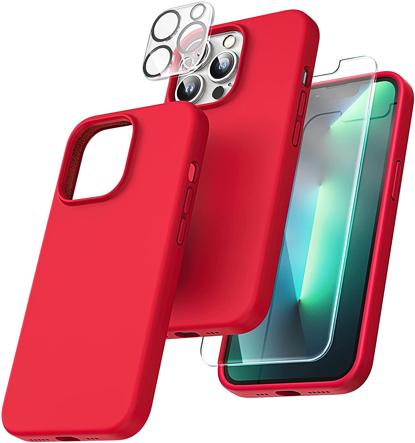 TOCOL [5 in 1] for iPhone 13 Pro Max Case, with 2 Pack Screen Protector + 2 Pack Camera Lens Protector, Slim Liquid Silicone Phone Case 6.7 Inch, [Anti-Scratch] [Drop Protection],Red