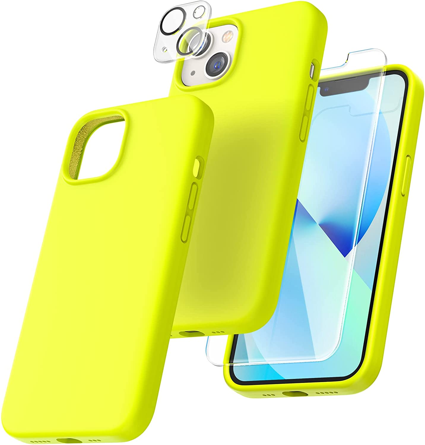 TOCOL [5 in 1] for iPhone 13 Case, with 2 Pack Screen Protector + 2 Pack Camera Lens Protector, Slim Liquid Silicone Phone Case iPhone 13 6.1 Inch, [Anti-Scratch] [Drop Protection],Fluorescent Yellow