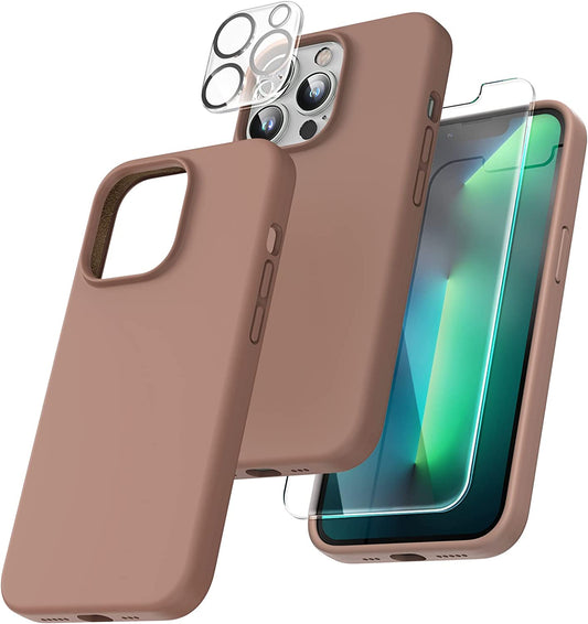 TOCOL [5 in 1] for iPhone 13 Pro Case, with 2 Pack Screen Protector + 2 Pack Camera Lens Protector, Slim Silicone Phone Case iPhone 13 Pro 6.1 Inch, [Anti-Scratch] [Drop Protection], Light Brown